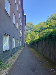 Flervåningshus och gångväg.
