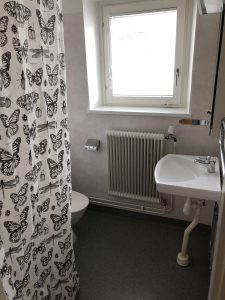 Badrum med tvättställ och toalett och fönster.