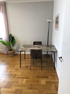 Bord och två stolar, växt.