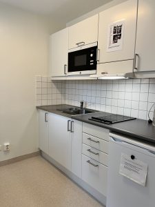 Kök med spishäll, vask, och skåp.