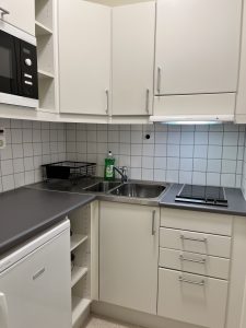 Kök, med spishäll, vask och skåp.