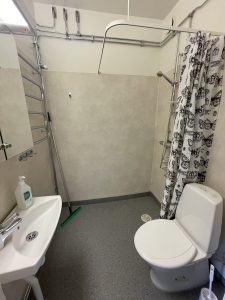 Tvättfat, toalettstol och dusch.