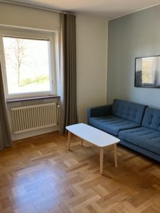 Soffa, bord, fönster. 