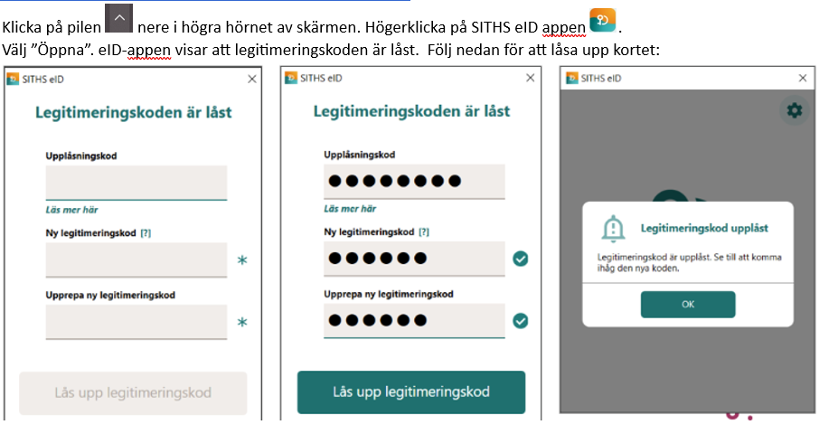 Skärmbild låsa upp STIHS-kort.