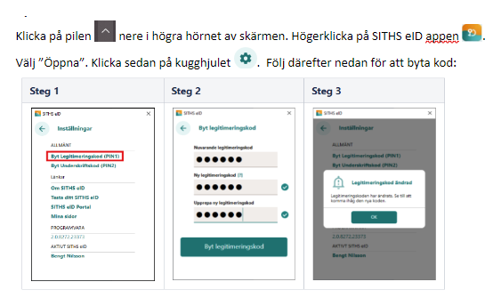 Skärmbild som visar hur du byter PIN-kod.